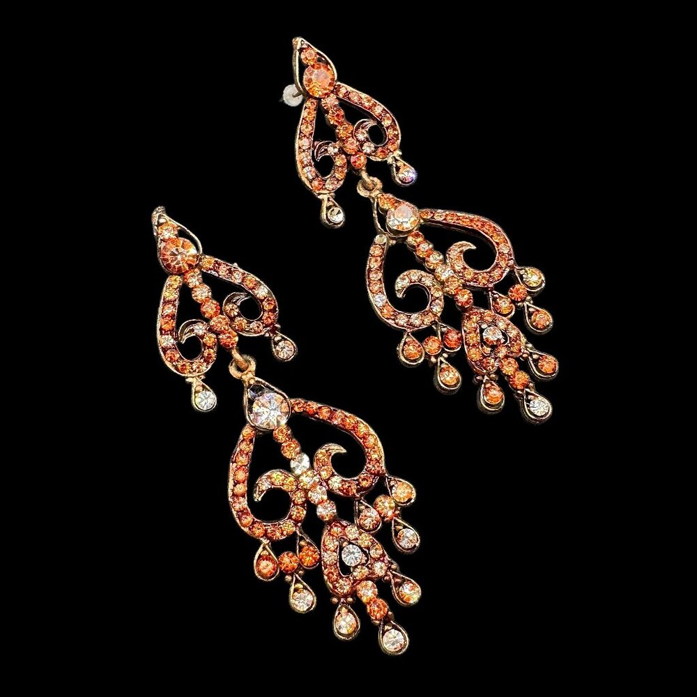 Statement Dangling Pierced Earrings PROM Amber Coloured Stones on Gold Tone